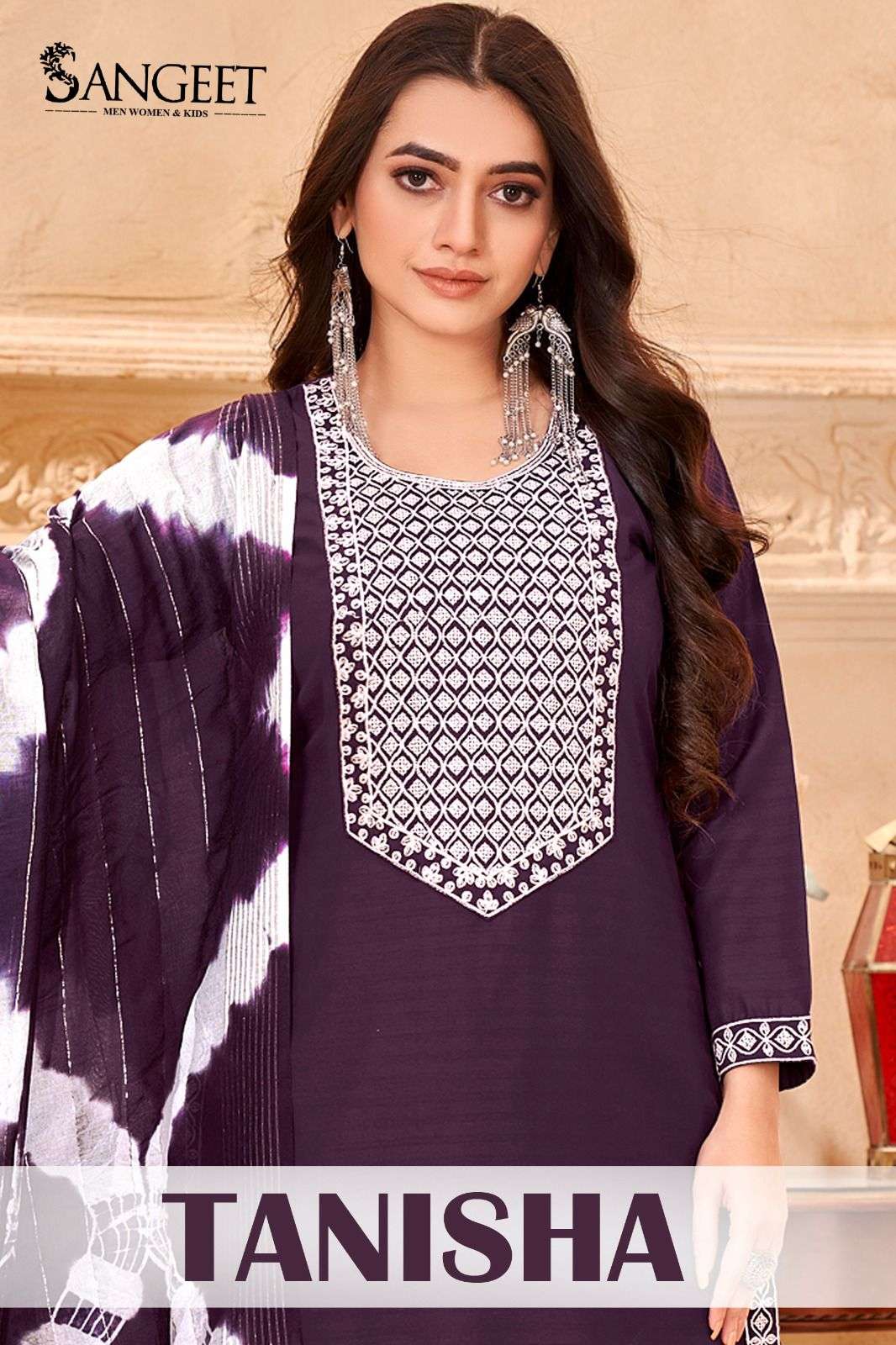 TANISHA VISCOSE RAYON WHITE EMBROIDERY SEQUENCE WORK KURTI WITH PANT AND CORONA SHADED DUPATTA BY SANGEET BRAND POSTER